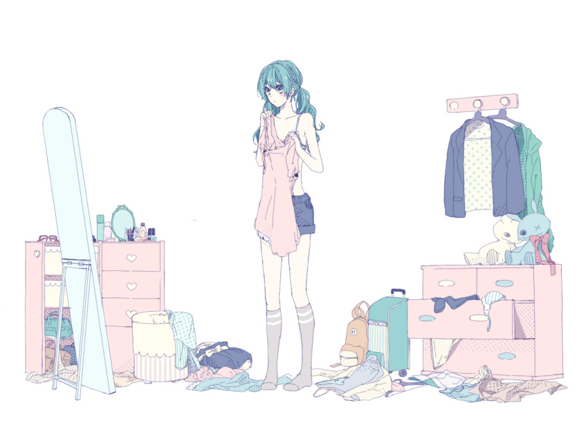bra, clothes, drawer, glasses, hatsune_miku, kneehighs, lingerie, makeup