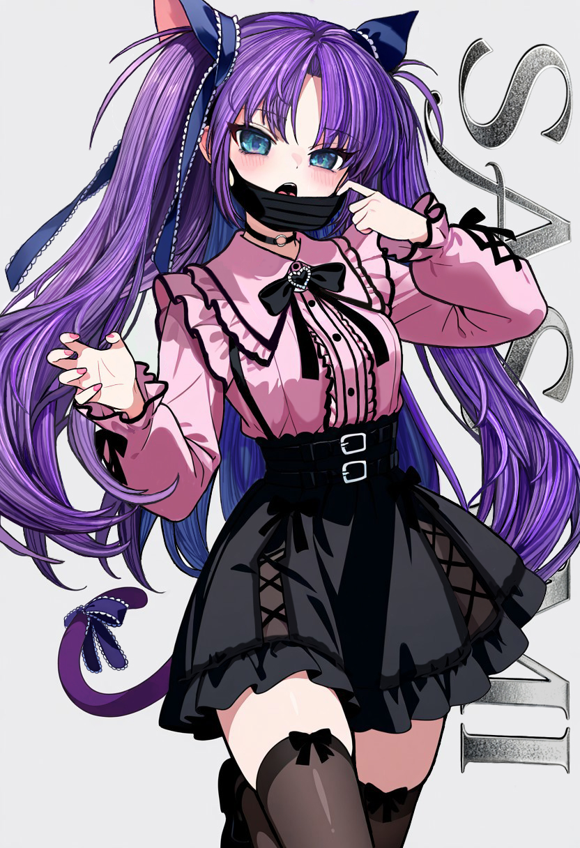 1girl, alternate_costume, belt, black_belt, black_bow, black_bowtie, black_choker, black_skirt, black_thighhighs, blue_eyes, blue_ribbon, bow, bowtie, cat_tail, center_frills, character_name, choker, commentary, eyelashes, foot_out_of_frame, footwear_bow, frilled_shirt, frilled_shirt_collar, frilled_skirt, frills, gensou_roukaku, grey_background, hair_between_eyes, hair_ribbon, hands_up, high-waist_skirt, highres, jirai_kei, lace-trimmed_ribbon, lace_trim, little_busters!, long_hair, long_sleeves, looking_at_viewer, mask, mask_pull, mouth_mask, nail_polish, o-ring, o-ring_choker, open_mouth, parted_bangs, pink_nails, pink_shirt, purple_bow, purple_hair, ribbon, sasasegawa_sasami, shirt, simple_background, skirt, solo, standing, standing_on_one_leg, straight_hair, tail, tail_bow, tail_ornament, teeth, thigh-highs, thighs, two_side_up, upper_teeth_only, very_long_hair, zettai_ryouiki