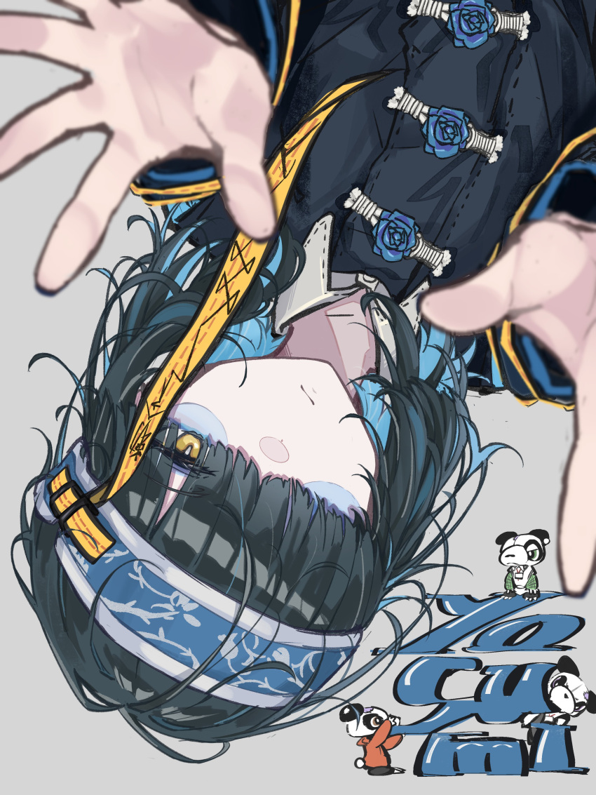 1girl, absurdres, bags_under_eyes, black_shirt, blue_flower, blue_hair, blue_hairband, character_name
