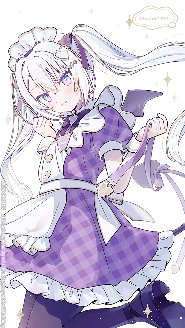 apron, closed_mouth, demon_girl, demon_tail, demon_wings, dress, gingham_dress, kumorimuu
