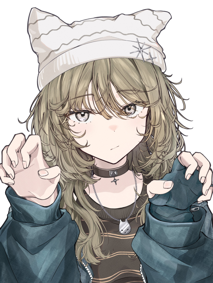 1girl, absurdres, animal_ear_headwear, beanie, black_choker, black_shirt, blue_gloves, blue_jacket