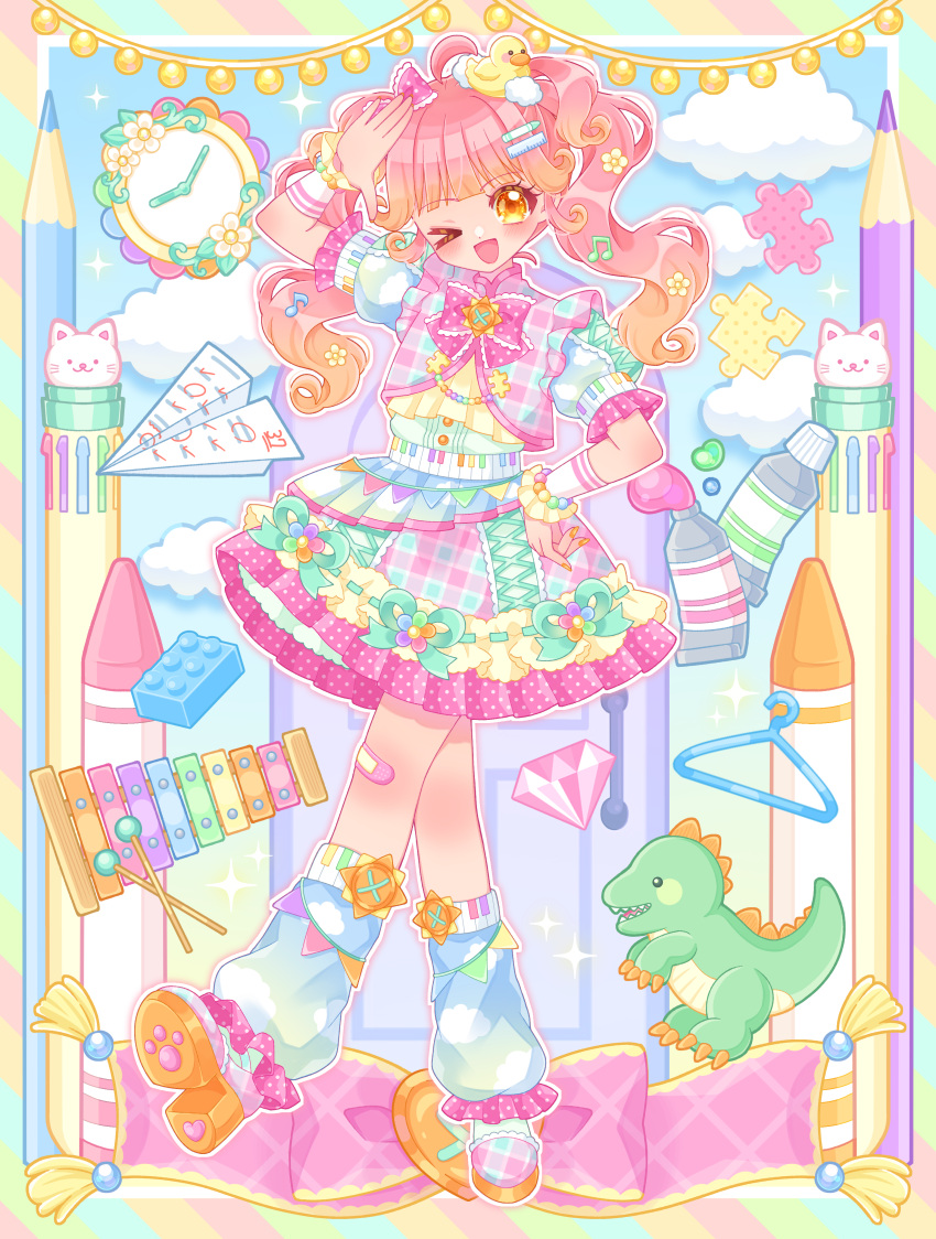 >_o, 1girl, absurdres, bandaid, bandaid_on_knee, bandaid_on_leg, clock, colored_pencil, dinosaur, dress, full_body, hand_on_own_hip, hand_up, highres, hiyoko_miya, instrument, leg_warmers, looking_at_viewer, multicolored_dress, one_eye_closed, open_mouth, original, paper_airplane, pencil, pink_hair, puffy_short_sleeves, puffy_sleeves, short_dress, short_sleeves, smile, standing, toy, twintails, wrist_cuffs, xylophone, yume_kawaii