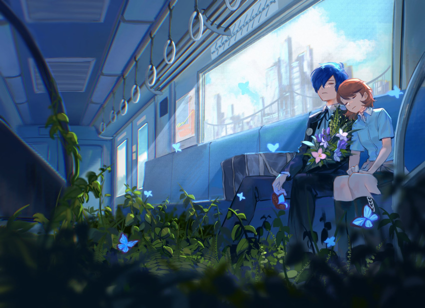 1boy, 1girl, black_jacket, black_pants, black_skirt, black_socks, blue_butterfly, blue_hair