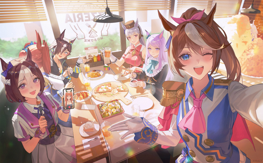 6+girls, :d, absurdres, animal_ears, ascot, bib_collar, black_coat, black_jacket