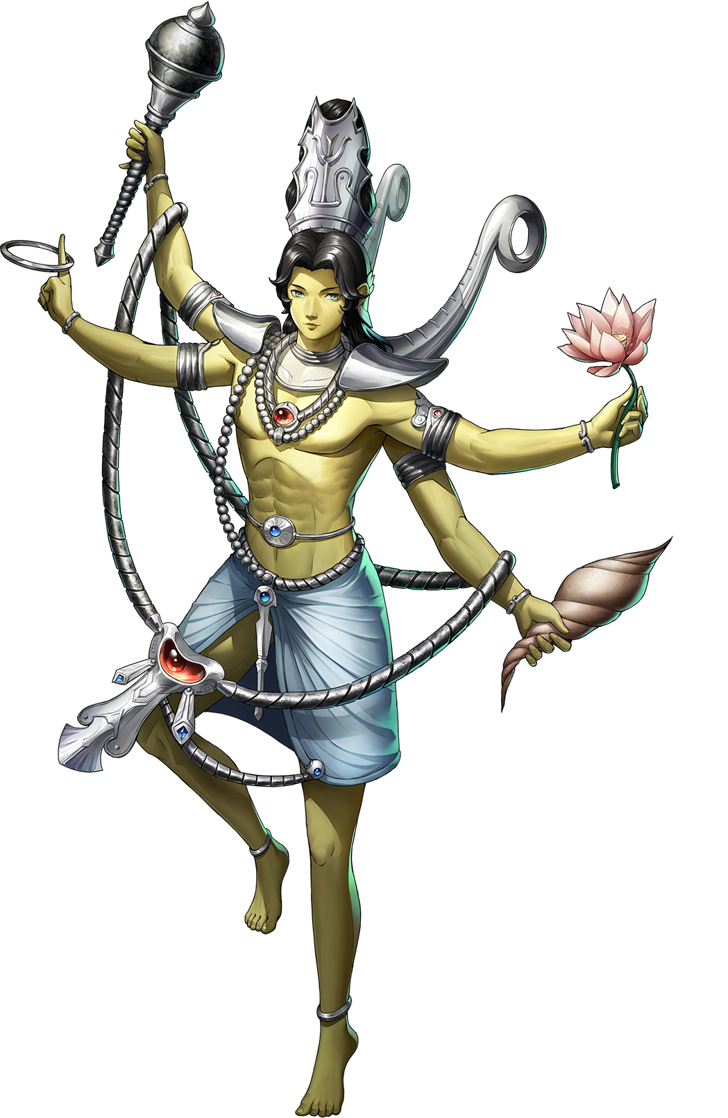 1boy, abs, anklet, artist_request, black_hair, bracelet, chakram, colored_skin