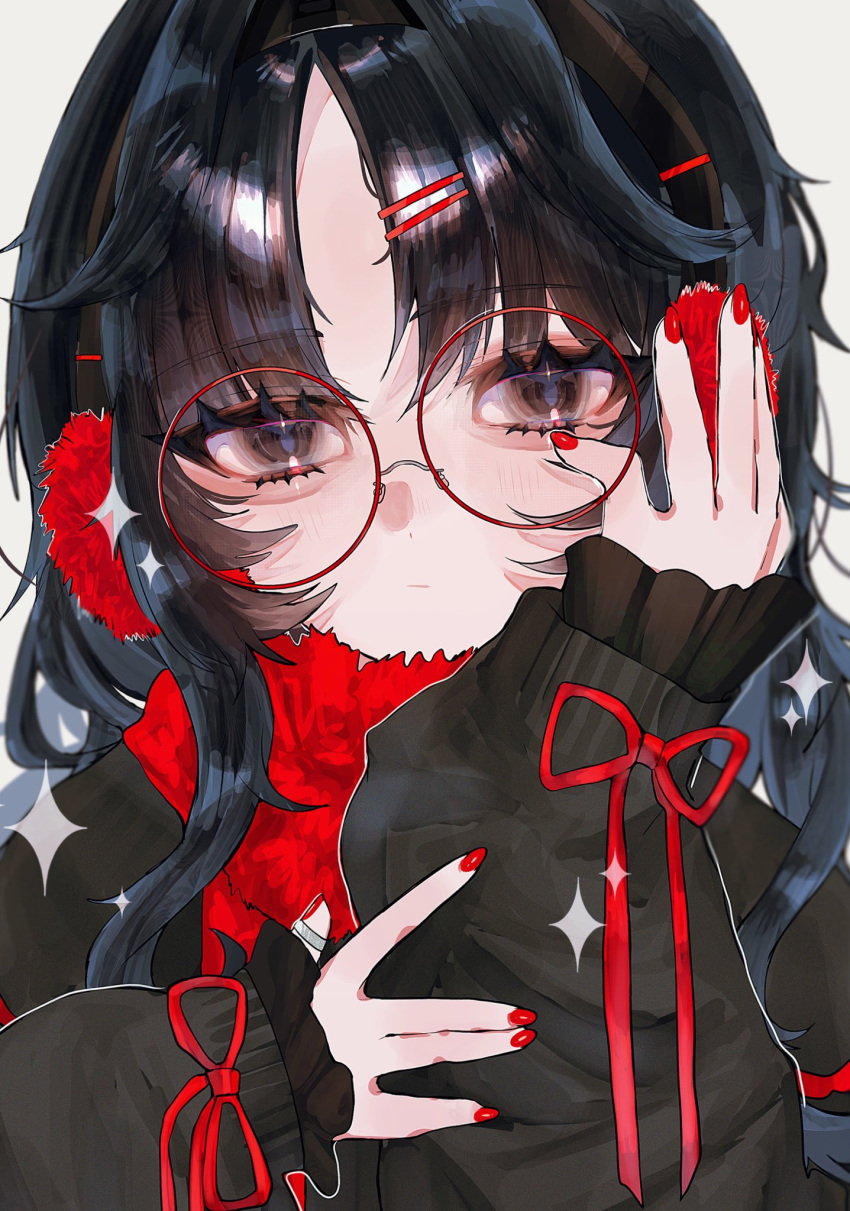 1girl, black_eyes, black_hair, black_sweater, close-up, commentary, earmuffs, eyelashes