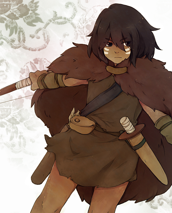 arm_warmers, arrow, belt, black_hair, bow_(weapon), cape, dark_skin, facepaint