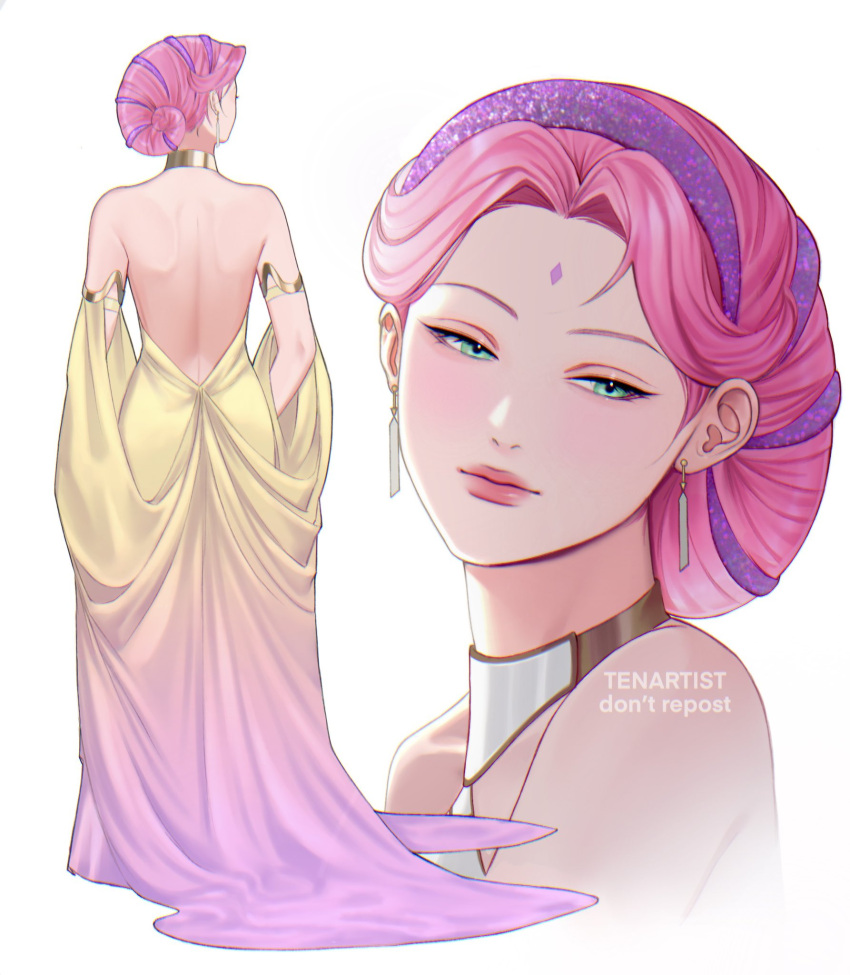 1girl, alternate_costume, alternate_hairstyle, armlet, artist_name, back, backless_dress, backless_outfit, chromatic_aberration, closed_mouth, commentary, cosplay, cropped_arms, detached_sleeves, dress, earrings, english_commentary, facial_mark, forehead_mark, full_body, glitter, gold_armlet, gold_choker, gradient_clothes, gradient_dress, green_eyes, hairband, half-closed_eyes, halter_dress, halterneck, haruno_sakura, head_tilt, highres, jewelry, long_dress, looking_down, multiple_views, naruto_(series), padme_amidala, padme_amidala_(cosplay), pink_hair, pink_lips, purple_dress, purple_hairband, simple_background, standing, star_wars, tenartistt, two-tone_dress, watermark, white_background, yellow_dress