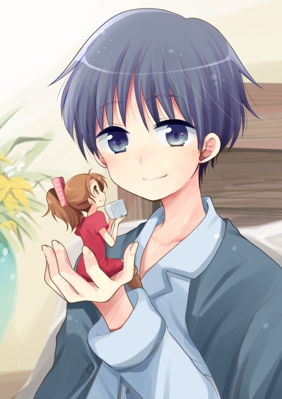 bad_id, blue_eyes, blue_hair, brown_hair, eye_contact, ghibli, hands, hiroichi
