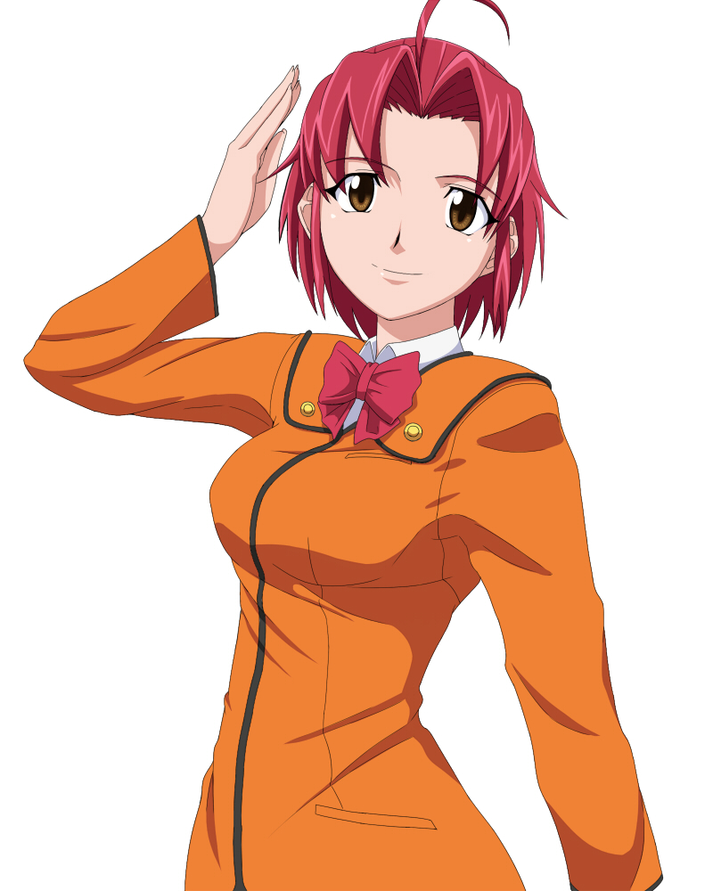 ahoge, bowtie, brown_eyes, dai-guard, momoi_ibuki, pink_hair, ribonzu, salute