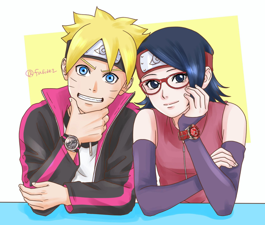 1boy, 1girl, black_eyes, black_hair, black_headband, black_jacket, blonde_hair, blue_eyes, boruto:_naruto_next_generations, commentary_request, detached_sleeves, forehead_protector, glasses, grin, hand_on_own_chin, headband, highres, jacket, konohagakure_symbol, matsu_(fu6ide2), naruto_(series), red-framed_eyewear, red_headband, shirt, smile, twitter_username, uchiha_sarada, uzumaki_boruto, v-shaped_eyebrows, watch, watch, white_shirt