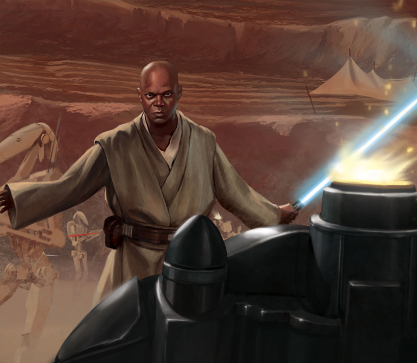 1boy, b1_battle_droid, bald, blue_lightsaber, brown_tunic, dark-skinned_male, dark_skin, energy_sword
