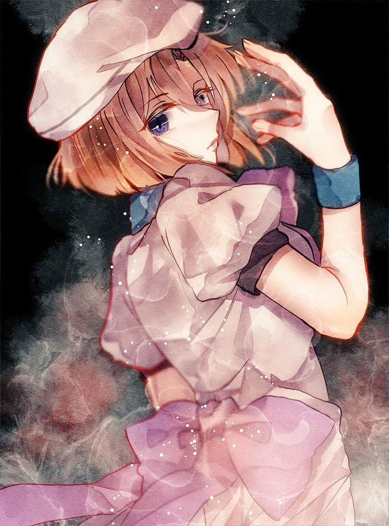 1girl, back_bow, beret, black_background, blue_eyes, blue_wrist_cuffs, bow, bowtie
