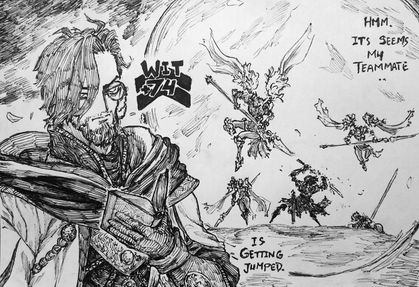 2boys, 4girls, absurdres, armor, book, bright_pupils, chronozbergh, crosshatching
