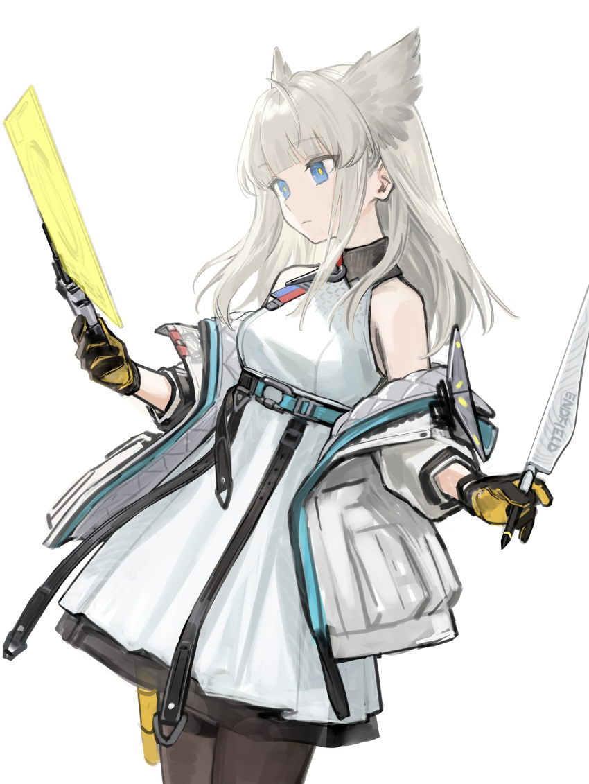 1girl, absurdres, arknights, arknights:_endfield, black_gloves, blue_eyes, blunt_bangs, brown_pantyhose