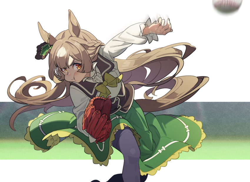 1girl, animal_ears, ball, baseball, baseball_(object), baseball_mitt, black_thighhighs, blush
