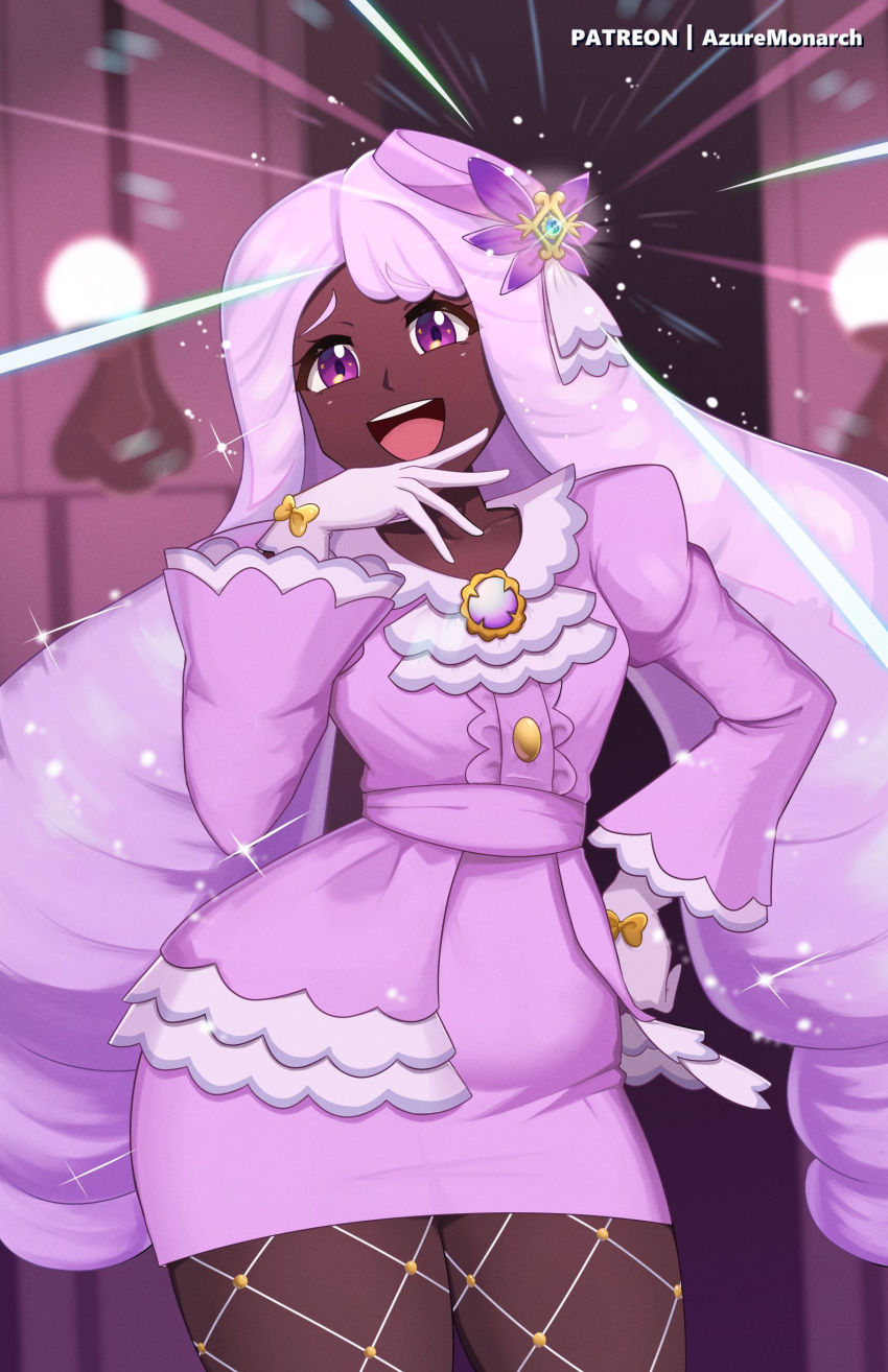 1girl, absurdres, artist_name, ascot, azure_monarch, buttons, dark-skinned_female, dark_skin, dress, fishnets, frilled_ascot, frills, gloves, gold_ring, hair_ornament, hand_on_own_hip, hand_up, highres, jacinthe_(pokemon), juliet_sleeves, long_hair, long_sleeves, low_drills, patreon_username, pokemon, pokemon_legends:_z-a, puffy_sleeves, purple_dress, purple_hair, solo, very_dark_skin, violet_eyes, white_gloves