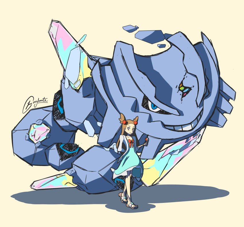0~zero~0, 1girl, absurdres, aqua_dress, blue_eyes, brown_eyes, brown_hair, brown_sandals