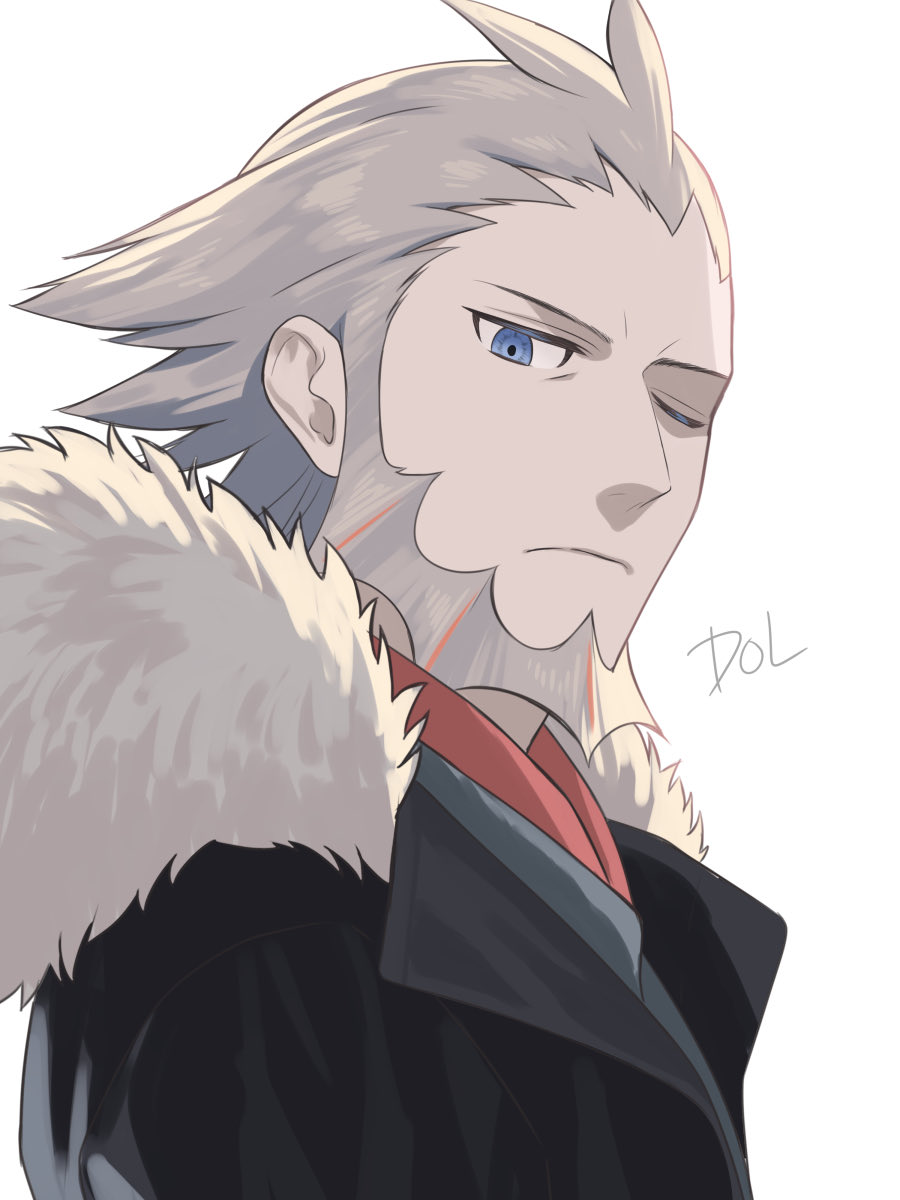 1boy, beard, bin_(bottle_crown), closed_mouth, facial_hair, frown, fur-trimmed_hood, fur_trim, grey_hair, hair_slicked_back, highres, hood, hooded_jacket, jacket, looking_to_the_side, lysandre_(pokemon), male_focus, one_eye_closed, open_clothes, open_jacket, pokemon, pokemon_legends:_z-a, red_shirt, shirt, short_hair, simple_background, solo, white_background, white_fur