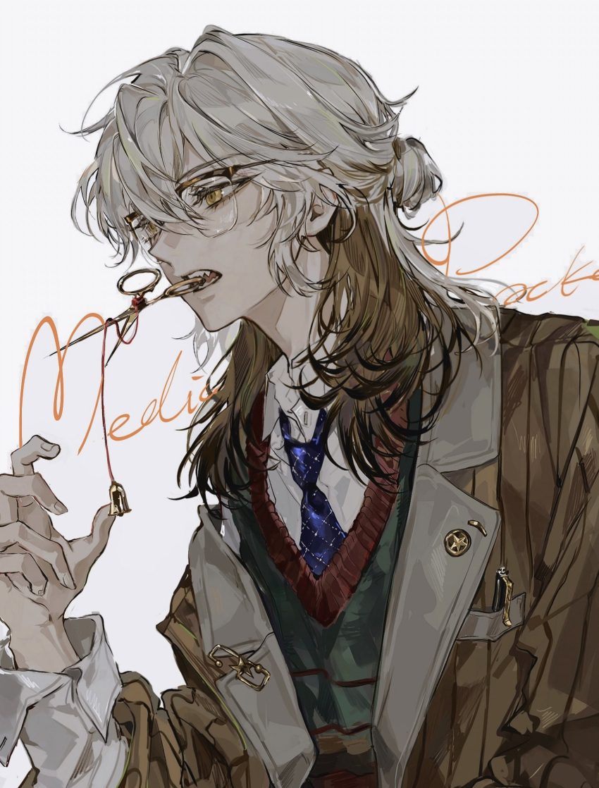1other, blue_necktie, breast_pocket, brown_hair, brown_jacket, collared_shirt, evl_1230, glasses, green_vest, hand_up, highres, holding, holding_scissors, jacket, medicine_pocket, medicine_pocket_(the_cosmos_photographer), medium_hair, mouth_hold, multicolored_hair, necktie, object_in_pocket, official_alternate_costume, pen_in_pocket, pinstripe_jacket, pinstripe_pattern, pocket, reverse:1999, scissors, shirt, solo, striped_clothes, striped_jacket, sweater_vest, upper_body, vertical-striped_clothes, vertical-striped_jacket, vest, white_background, white_hair, white_shirt, yellow_eyes