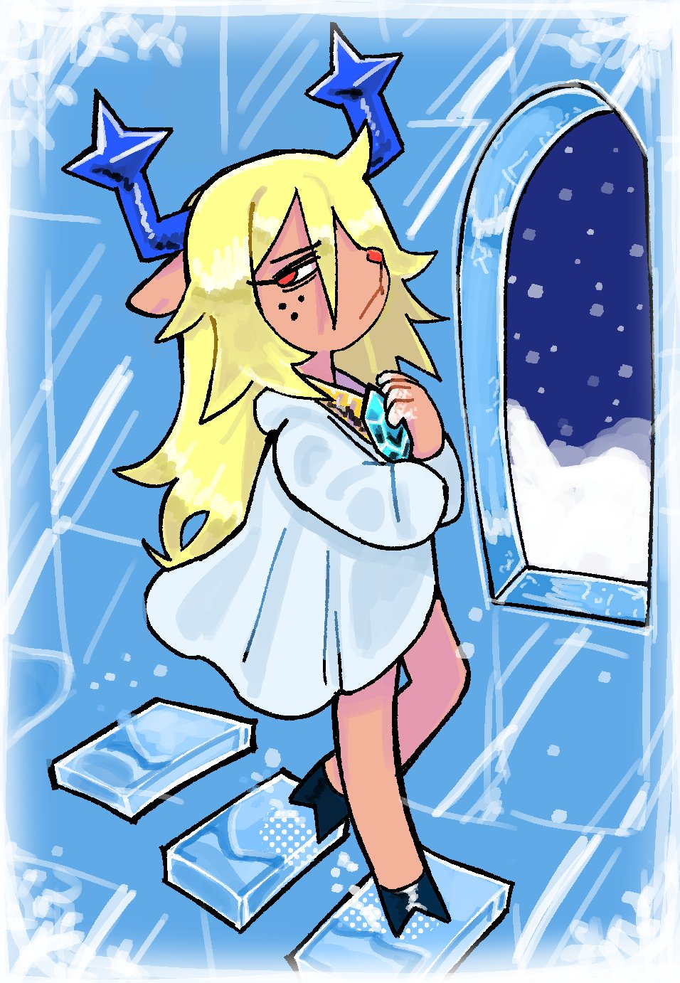 1girl, 1her0, antlers, blonde_hair, blue_gemstone, blue_horns, body_fur, border