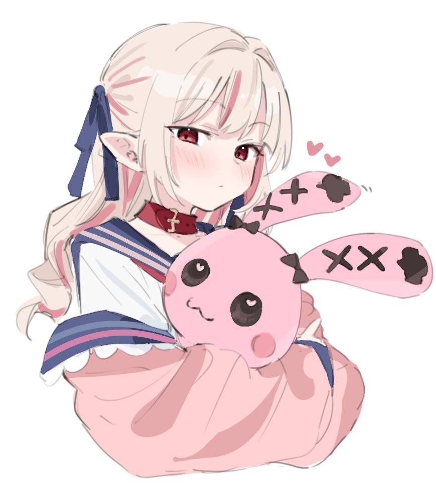 1girl, blue_sailor_collar, brown_hair, collar, debitto_(makaino_ririmu), expressionless, holding, holding_stuffed_toy