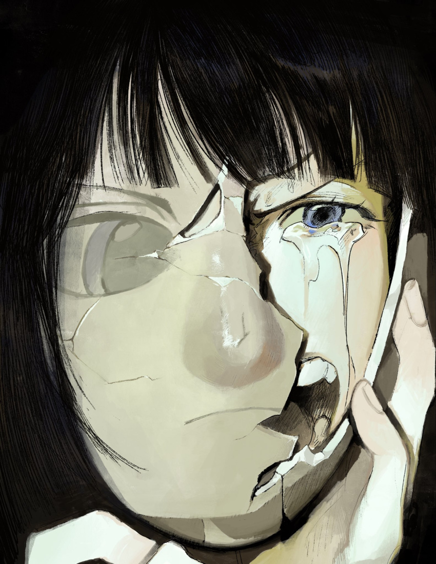 1girl, 29djoe1, black_hair, blue_eyes, broken_mask, cracked_kawaii_mask, cracked_mask, crying