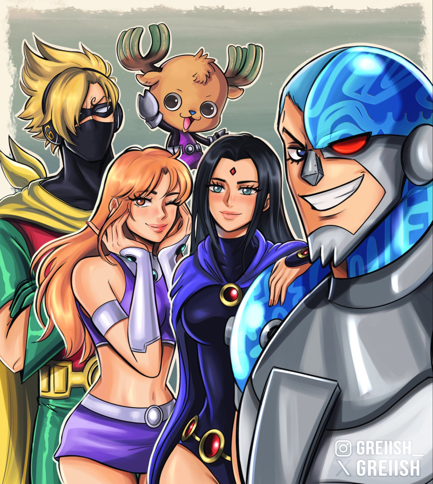 2girls, 3boys, artist_name, beast_boy_(dc), beast_boy_(dc)_(cosplay), blonde_hair, cape, closed_mouth, commentary, cosplay, cyborg_(dc), cyborg_(dc)_(cosplay), dc_comics, english_commentary, franky_(one_piece), friends, greciiagzz, halloween, halloween_costume, highres, instagram_logo, instagram_username, multiple_boys, multiple_girls, nico_robin, one_piece, orange_hair, raven_(dc), raven_(dc)_(cosplay), robin_(dc), robin_(dc)_(cosplay), robot, sanji_(one_piece), signature, starfire, starfire_(cosplay), teen_titans, tony_tony_chopper, twitter_username, twitter_x_logo, watermark