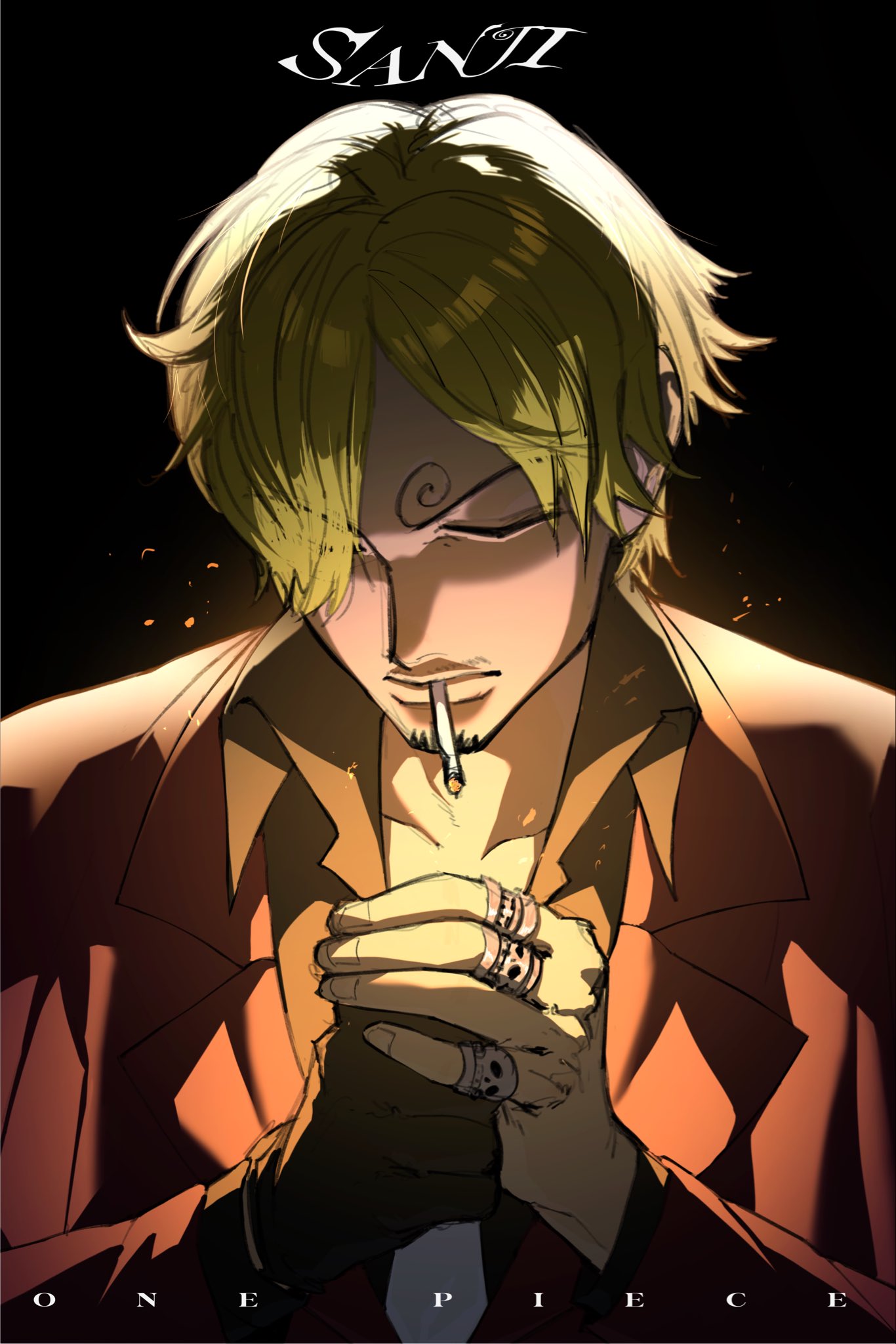 1boy, blonde_hair, cigarette, curly_eyebrows, facial_hair, goatee, hair_over_one_eye, highres