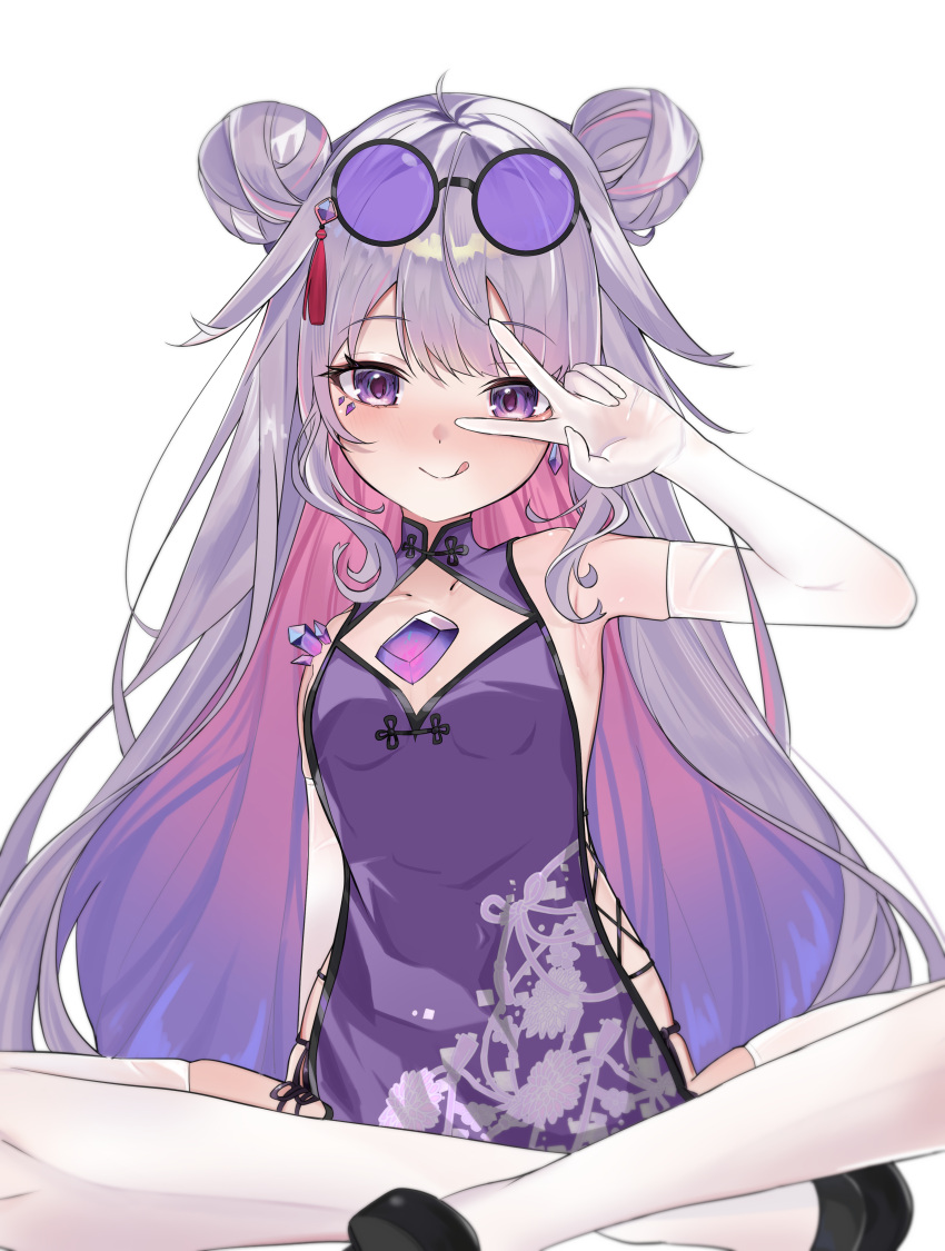 1girl, absurdres, castellayaki, chest_jewel, china_dress, chinese_clothes, colored_inner_hair, double_bun