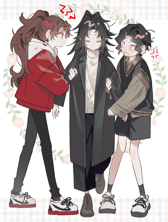 3boys, aged_down, alternate_costume, black_coat, black_hair, black_pants, black_shorts, black_socks