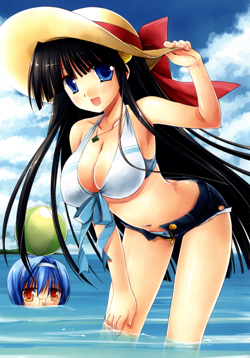 :d, absurdres, ball, beachball, bent_over, bikini, black_hair, blue_eyes