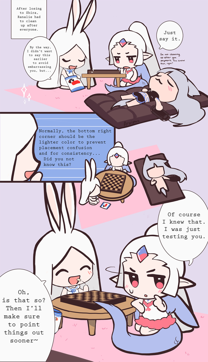 3girls, :3, animal_ears, araiyme, black_dress, blunt_bangs, chessboard, chibi
