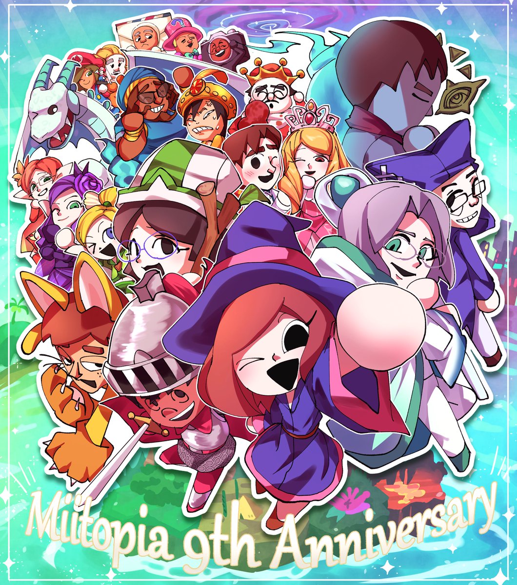 6+boys, 6+girls, ;d, animal_ears, animal_hands, anniversary, arm_up, armor, black_eyes, black_hair, blonde_hair, blue_dress, blue_robe, blue_skin, brown_eyes, brown_hair, cape, castle, cat_boy, clenched_hand, closed_eyes, colored_skin, copyright_name, crown, dark-skinned_male, dark_skin, dragon, dress, drill_hair, facial_hair, fairy, fangs, fire, flower, furry, genie, glasses, gloves, green_eyes, grey_hair, grin, happy_anniversary, hat, helmet, highres, holding, holding_sword, holding_weapon, jester_cap, king, knight, long_hair, looking_at_viewer, maria_(miitopia), mii_(nintendo), miitopia, multiple_boys, multiple_girls, mustache, nintendo, one_eye_closed, open_mouth, orange_hair, outline, pink_hair, princess, purple_dress, purple_hair, purple_robe, purple_skin, red_cape, red_eyes, red_hair, rikka_natsu_27, robe, round_eyewear, sharp_teeth, shield, short_hair, smile, staff, sword, teeth, tiara, weapon, white_outline, white_robe, witch, witch_hat, wizard, wizard_hat