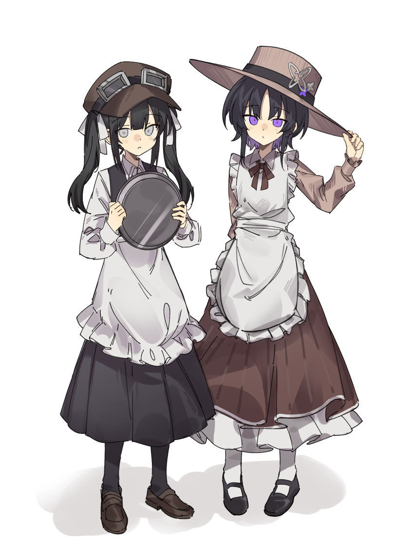 2girls, :<, adjusting_clothes, adjusting_headwear, alternate_costume, apron, arm_behind_back, black_hair, black_pantyhose, black_shoes, black_vest, blush, bow, bowtie, brown_bow, brown_bowtie, brown_dress, brown_hat, brown_shoes, butterfly_hat_ornament, closed_mouth, collared_shirt, dress, enmaided, frilled_apron, frilled_dress, frills, full_body, goggles, goggles_on_headwear, grey_eyes, hair_ribbon, hand_up, hands_up, hat, hat_ornament, highres, holding, holding_tray, housho_margo, kurobe_nanoka, loafers, long_sleeves, looking_at_viewer, mahou_shoujo_no_majo_saiban, maid, maid_apron, mary_janes, multiple_girls, newsboy_cap, pantyhose, parted_bangs, ribbon, shadow, shirt, shoes, short_hair, simple_background, sun_hat, tray, twintails, vest, violet_eyes, waist_apron, white_apron, white_background, white_pantyhose, white_ribbon, white_shirt, wuubaiwan
