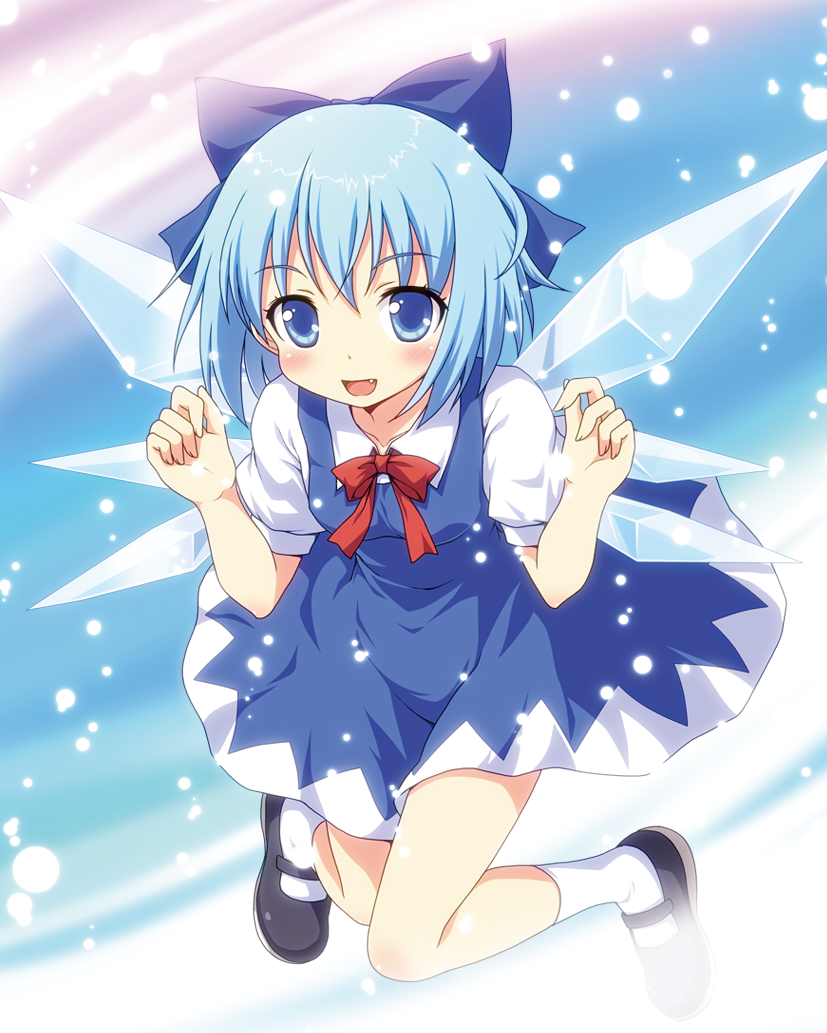 :d, arms_up, blue_dress, blue_eyes, blue_hair, blush, bow, cirno, dress, fang, hair_bow, looking_at_viewer, mary_janes, open_mouth, perfect_cherry_blossom, shirt, shoes, short_hair, smile, snow, solo, touhou, wings, yamasan
