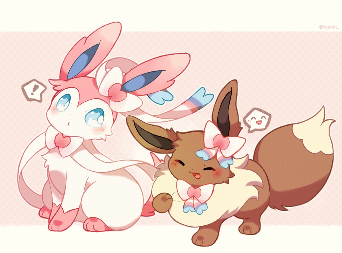 !, animal_focus, animal_hands, blue_eyes, blush, border, bright_pupils, brown_fur, closed_eyes, eevee, fluffy, full_body, hyrell, looking_at_another, no_humans, open_mouth, pink_background, pink_fur, pokemon, pokemon_(creature), pokemon_focus, simple_background, sitting, standing, sylveon, two-tone_fur, white_border, white_fur, white_pupils, yellow_fur