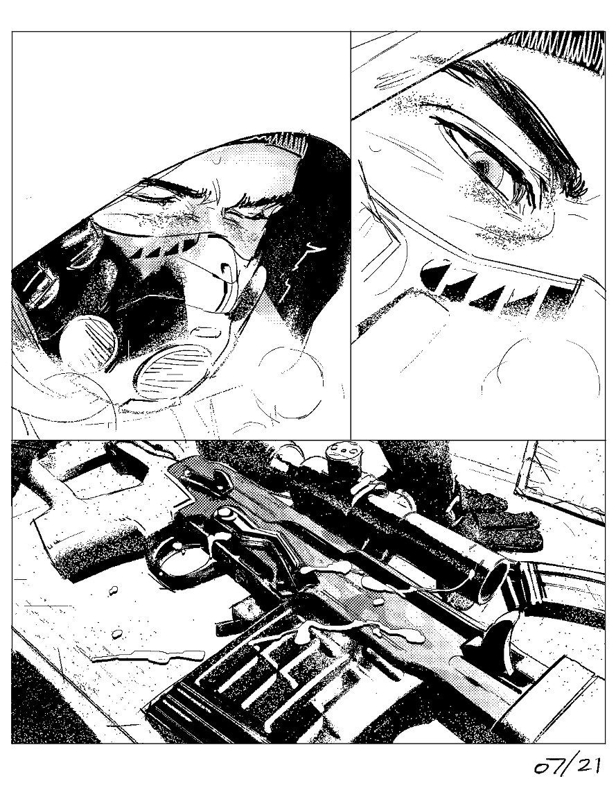 1boy, chinese_commentary, closed_eyes, commentary_request, fukurau, greyscale, gun, hood