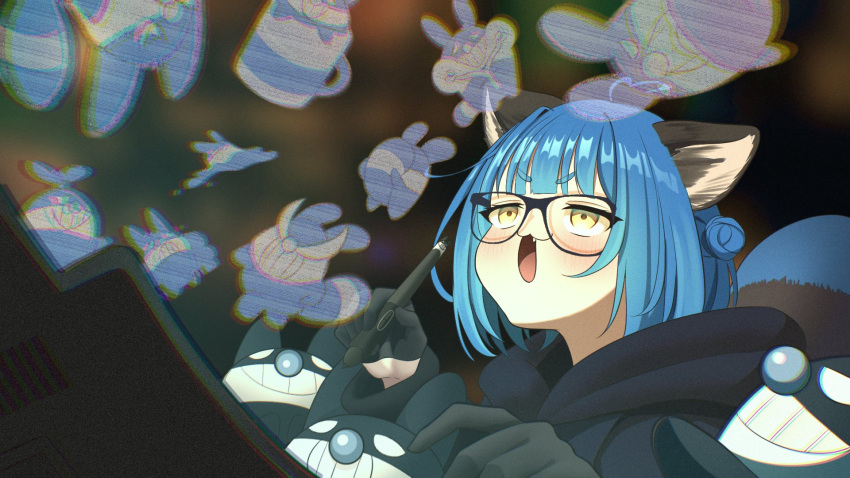 1girl, :3, animal_ears, bespectacled, black-framed_eyewear, black_gloves, blue_hair, blush