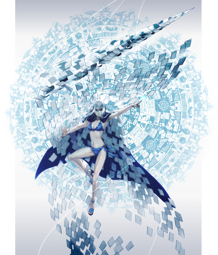 bare_legs, bikini, blue, blue_eyes, cape, floating, frilled_bikini, frills, high_heels, highres, lance, long_hair, magic, magic_circle, midriff, mirowaju, navel, outstretched_arm, paper, pixiv_fantasia, pixiv_fantasia_4, pixiv_fantasia_iv, pointy_ears, polearm, sandals, sato_(vintage), shoes, silver_hair, solo, swimsuit, weapon