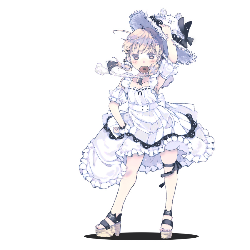 1girl, absurdres, blonde_hair, detached_sleeves, doughnut, dress, food, food_in_mouth
