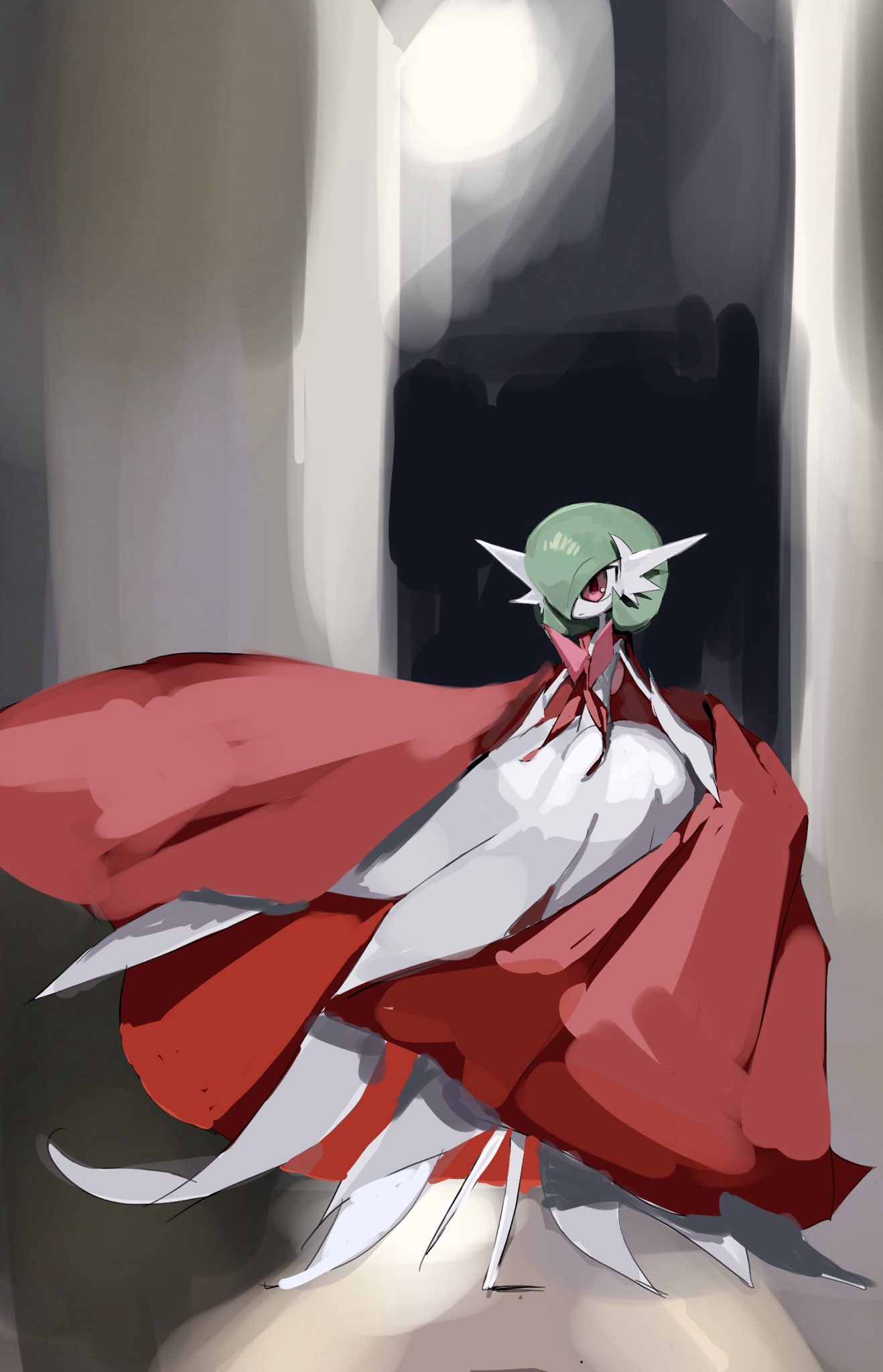 bob_cut, cape, dress, elbow_gloves, gardevoir, gloves, green_hair, hair_over_one_eye