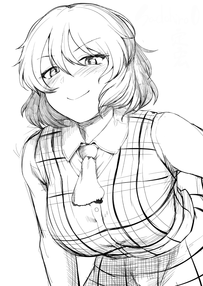 1girl, blush, breasts, closed_mouth, collared_shirt, commentary_request, greyscale, hair_between_eyes