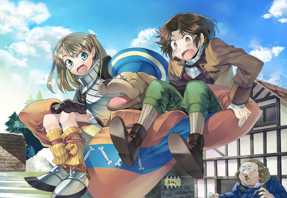 armor, boots, brown_eyes, brown_hair, brown_legwear, bun-o, carrying, cecile