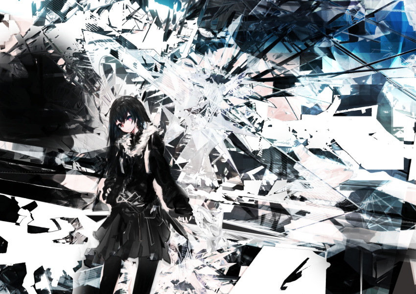 1girl, amenosoto, black_gloves, black_hair, black_jacket, black_pantyhose, black_rock_shooter, black_skirt