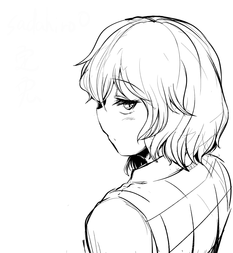 1girl, blush, closed_mouth, commentary_request, expressionless, kazami_yuuka, looking_at_viewer, looking_back