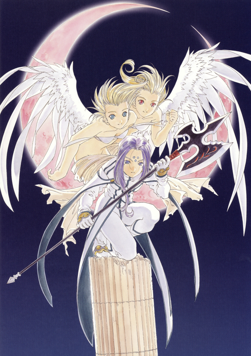 1990s_(style), 3girls, aa_megami-sama, absurdres, angel, asymmetrical_hair, blonde_hair, blue_eyes