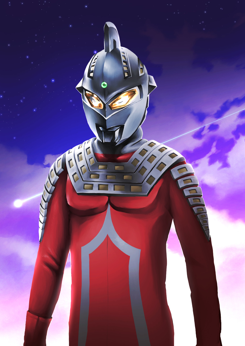 1boy, absurdres, alien, armor, arms_at_sides, blue_sky, breastplate, clouds