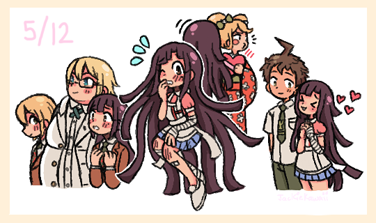 >_<, 2girls, 3boys, ahoge, apron, bandaged_arm, bandages, bandaid