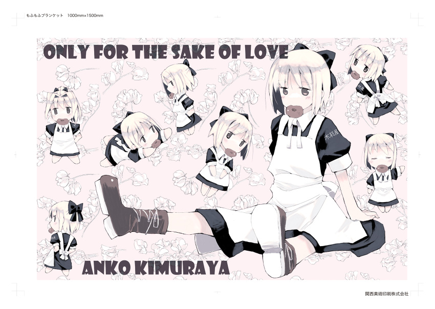 1girl, ankle_boots, apron, black_dress, blonde_hair, boots, bow, chibi, chibi_inset, collared_dress, doughnut, dress, english_text, expressionless, food, food_in_mouth, ganges_gawa, hair_bow, highres, jitome, kimuraya_anko, multiple_views, pink_background, puffy_short_sleeves, puffy_sleeves, short_hair, short_sleeves, sitting, ukagaka, white_apron
